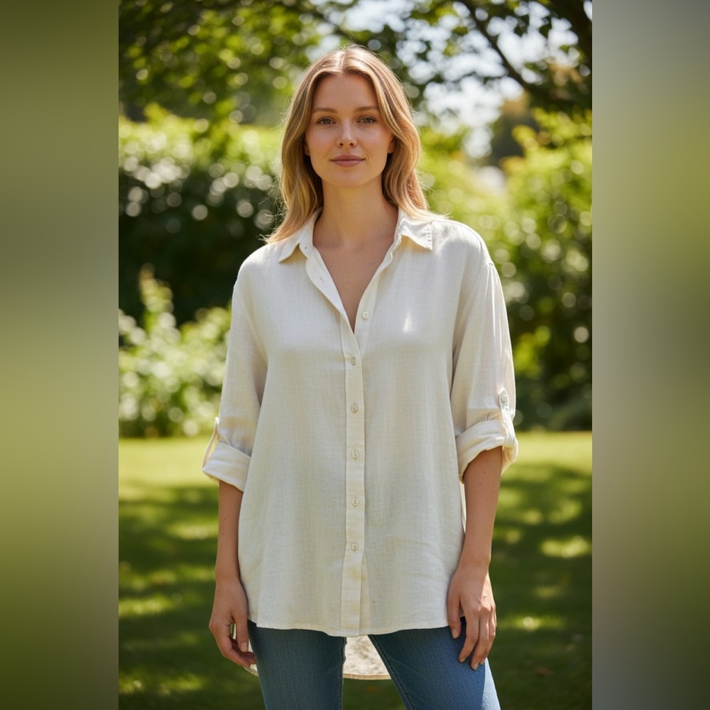 American Eagle White/Ivory/Cream Long Sleeve Button Shirt w/ Sleeve Cuffs
